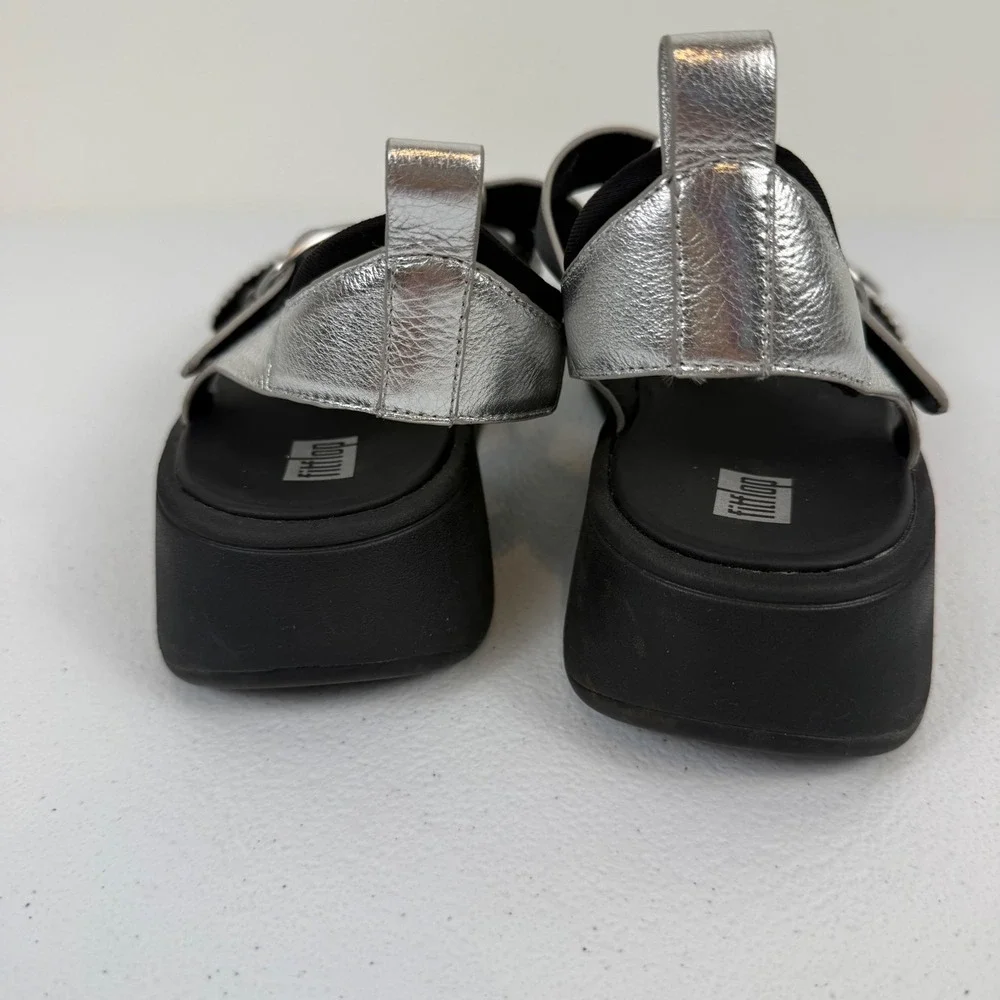 FITFLOP F-MODE METALLIC-LEATHER/WEBBING FLATFORM FISHERMAN SANDALS Women's 9 US